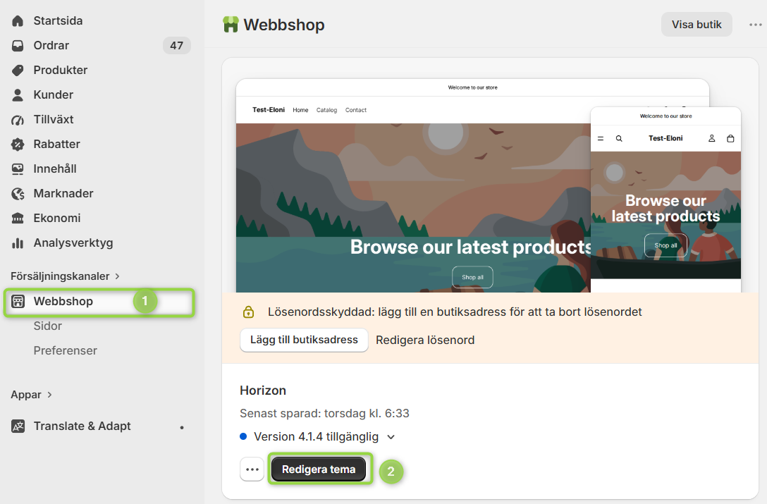 Shopify-admin med Försäljningskanaler → Webbshop markerat, och knappen Redigera tema markerad